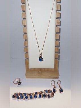 Rose Gold Blue Sapphire Teardrop Jewelry Set 4pc Necklace Bracelet Ring Earrings